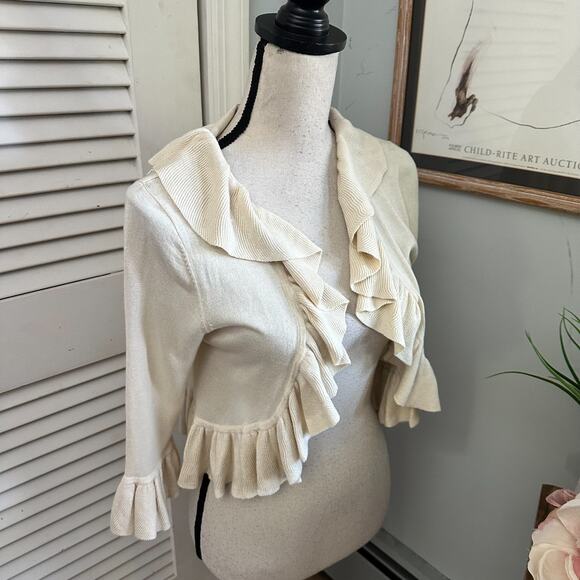 HARRISON MORGAN Womens Sweater P/S Cream Cropped Silk Cashmere Ruffle Romantic - Picture 2 of 8